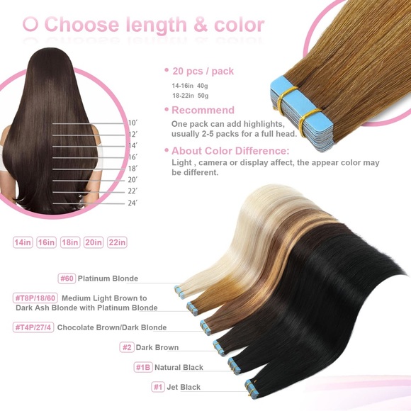 HUMAN HAIR 18” Remy Tape In Hair Extensions in Balayage #T8/P18/60, 20pcs - Picture 8 of 11